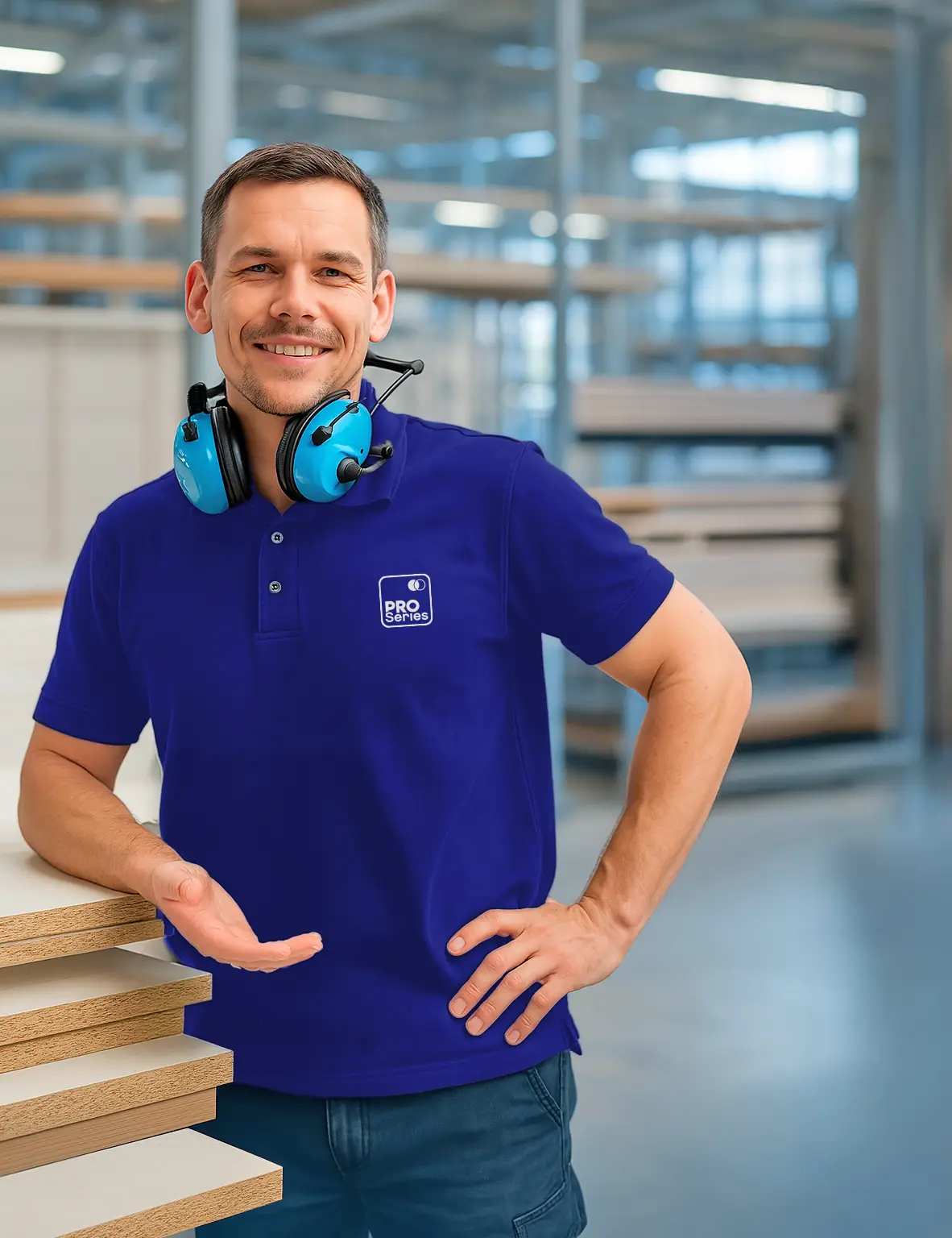 Técnico da Etools de fone de proteção no pescoço, apoiado numa pilha de chapas de MDF no galpão