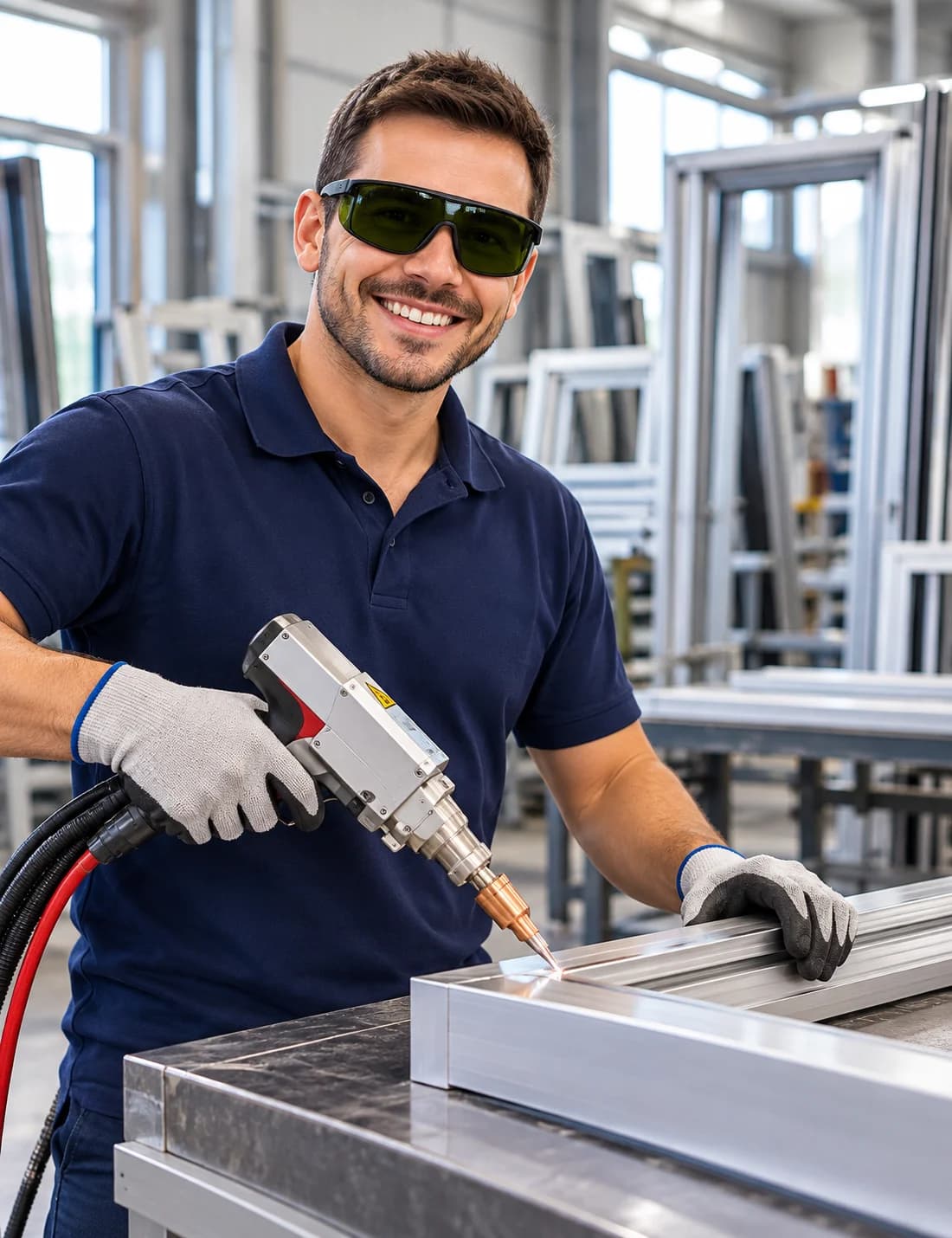 Técnico da Etools de óculos de proteção para laser soldando perfil de alumínio com a cabeça de solda a laser, numa fábrica de esquadrias