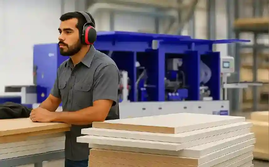 Marceneiro conferindo peças de MDF cortadas em router CNC Etools em uma marcenaria de móveis planejados