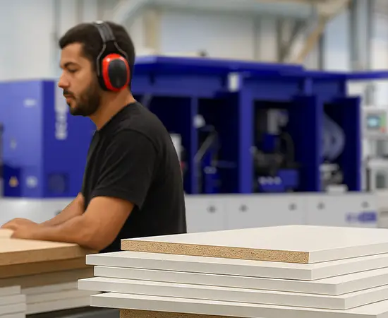 Operador com protetor auricular ao lado de uma pilha de peças de MDF com a borda colada, com a coladeira EC7 Max ao fundo
