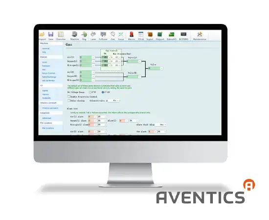 Tela de controle de gases do comando Cypcut, com a pressão de ar, oxigênio e nitrogênio regulada pelas válvulas AVENTICS, e o logotipo da AVENTICS