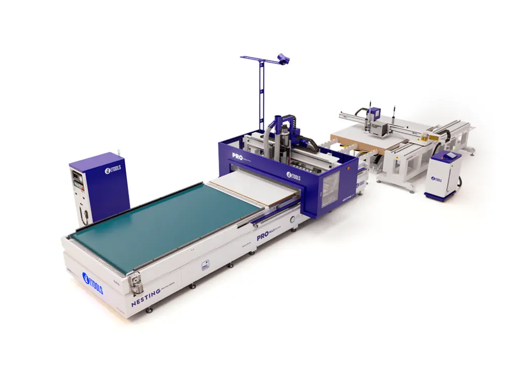 Célula de nesting Pro Max Nesting com lift, cabeçote de furação, etiquetadora e esteira de descarga