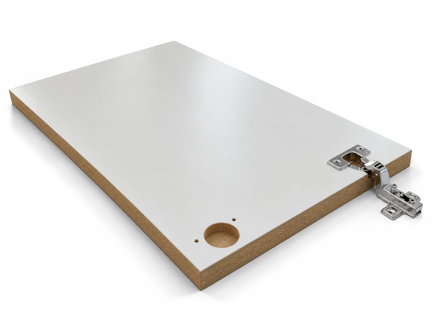 Furo de caneco na face de uma porta de MDF com a dobradiça montada, feito na Easy Drill 6