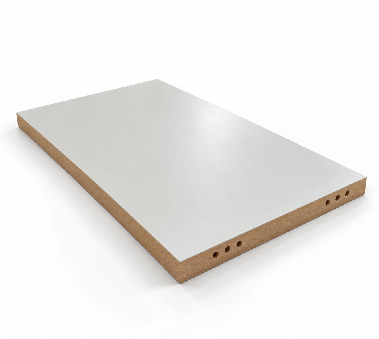 Três furos no topo de uma chapa de MDF, feitos em um ciclo na Easy Drill 6