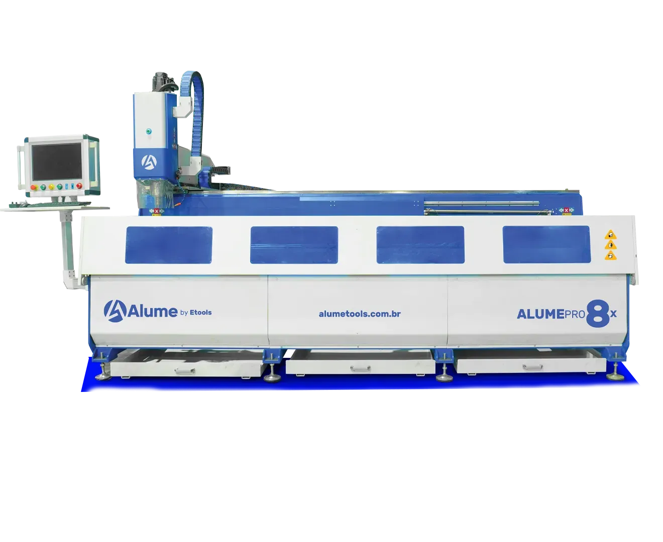 Centro de usinagem Alume Pro 8X para perfis de alumínio, com magazine linear de 8 ferramentas, cabeçote giratório e mesa para barra de até 3 m
