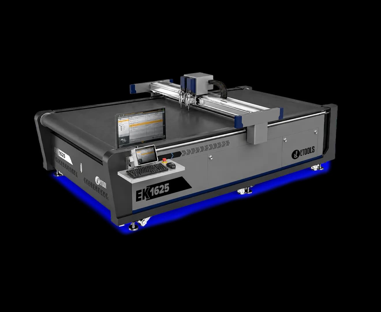 Mesa de corte digital EK 1625 da Etools: mesa de 1600 x 2500 mm, pórtico com dois cabeçotes de faca, monitor do comando e painel com teclado e botão de emergência na lateral