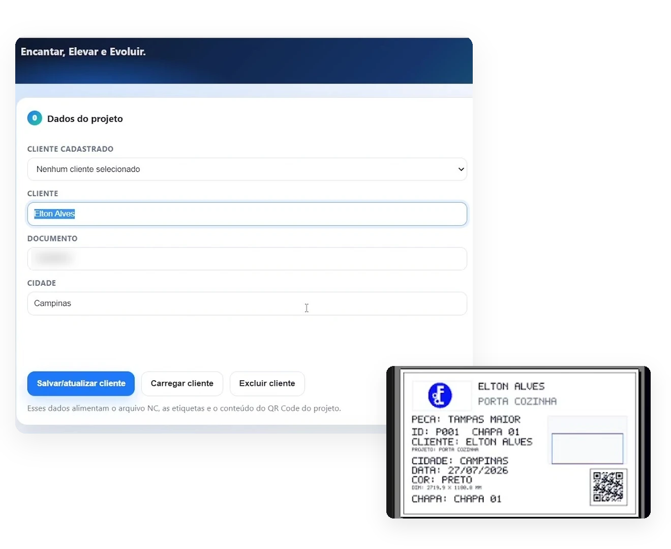 Software ER CUT: tela de cadastro do projeto, com os dados do cliente e da chapa, e a etiqueta com QR Code gerada para uma peça