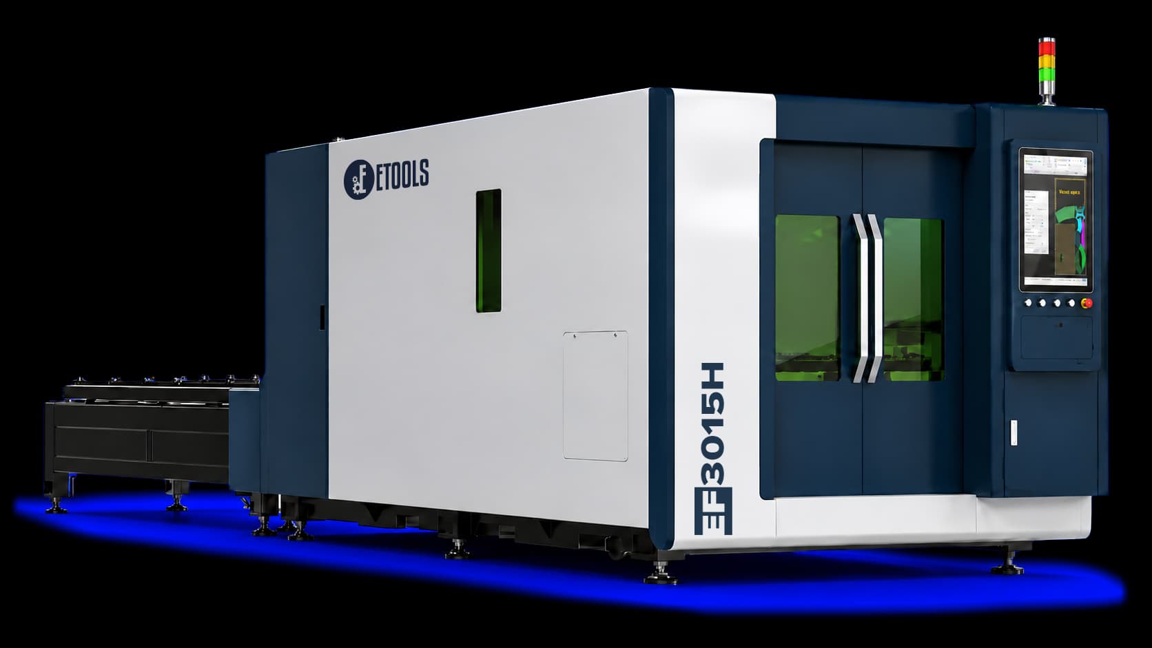 Máquina de corte a laser fiber EF 3015H fechada: carenagem azul e branca, porta da área de corte com visor verde, painel de comando na lateral e a mesa de carga saindo pelo fundo