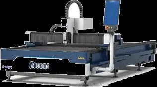 Máquina de corte a laser fiber EF 3015N: mesa aberta de 3000 x 1500 mm, pórtico com cabeçote de corte Raytools e painel de comando Cypcut na lateral