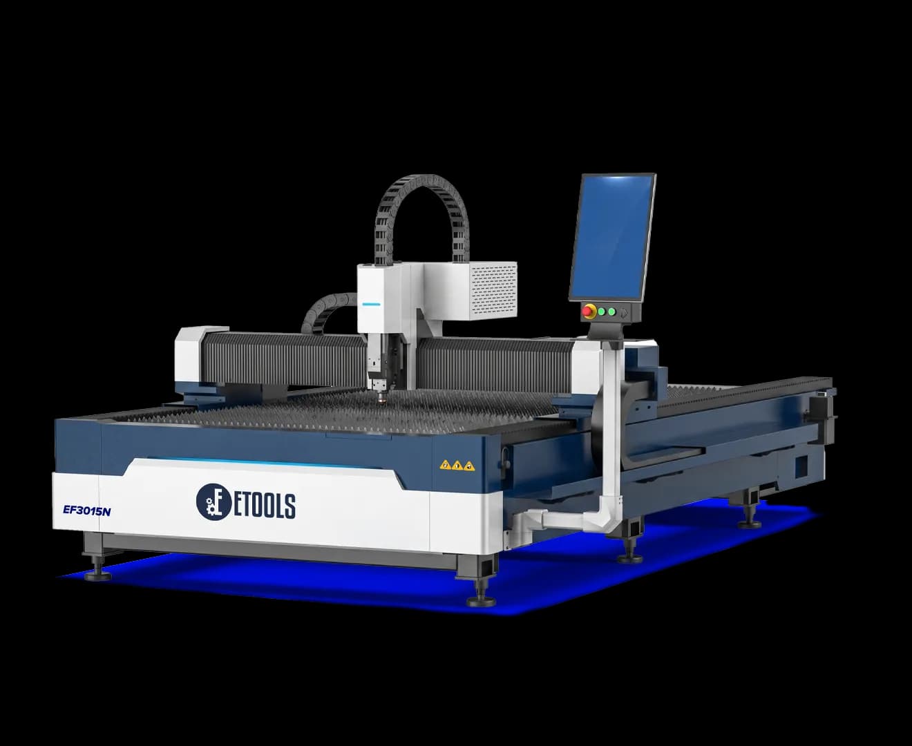 Máquina de corte a laser fiber EF 3015N: mesa aberta de 3000 x 1500 mm, pórtico com cabeçote de corte Raytools e painel de comando Cypcut na lateral