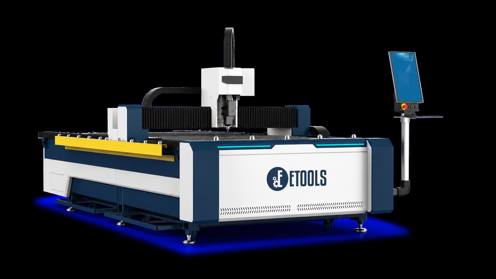 Máquina de corte a laser fiber EF 3015NP: mesa aberta de 3000 x 1500 mm, pórtico com viga de alumínio e cabeçote Raytools, e o painel de comando num pedestal ao lado