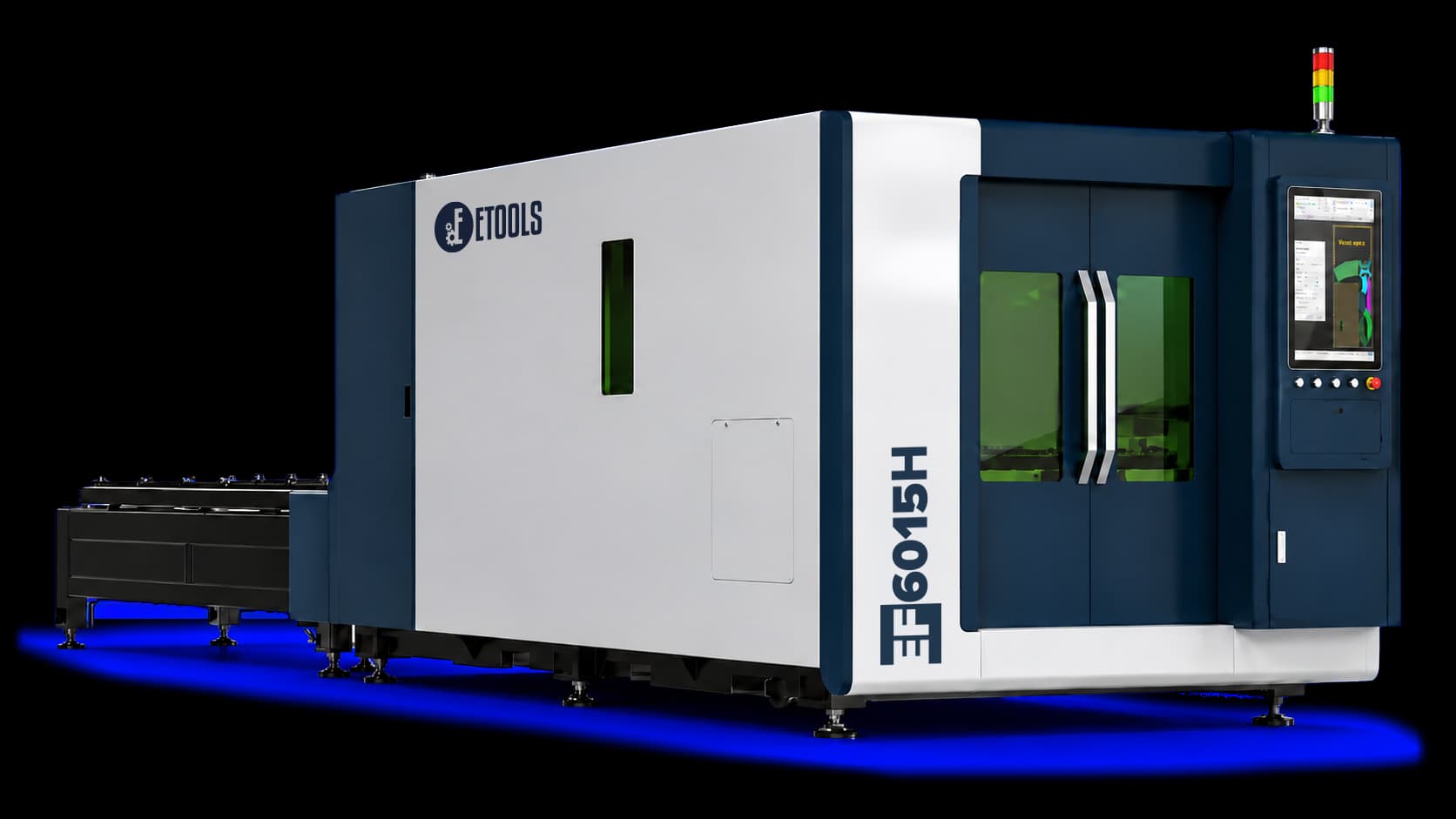 Máquina de corte a laser fiber EF 6015H fechada: carenagem azul e branca, porta da área de corte com visor verde, painel de comando na lateral e a mesa de carga saindo pelo fundo