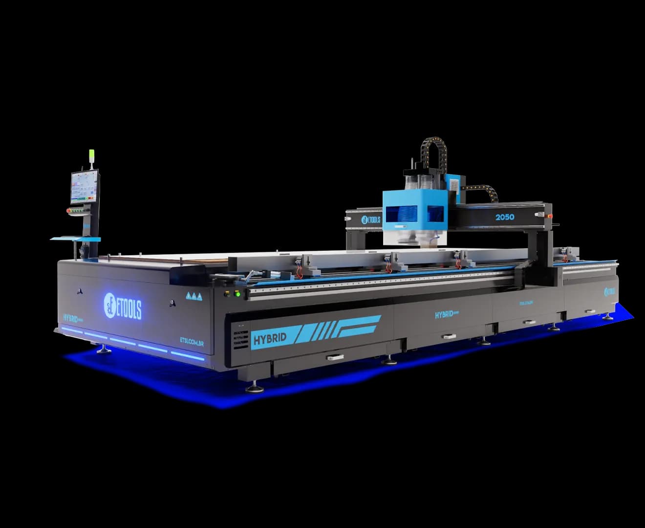 Router CNC Hybrid 1550 com mesa de 5 metros, dois spindles e área de usinagem de tubo metálico