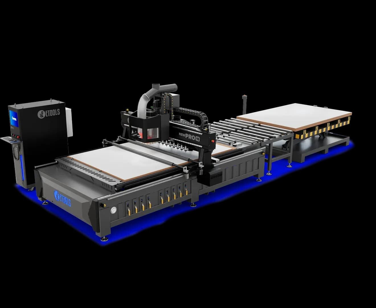 Centro de usinagem CNC New Pro 16 com magazine de 16 ferramentas no pórtico, mesa de vácuo em 9 setores e cortina de luz, com lift carregador de chapas