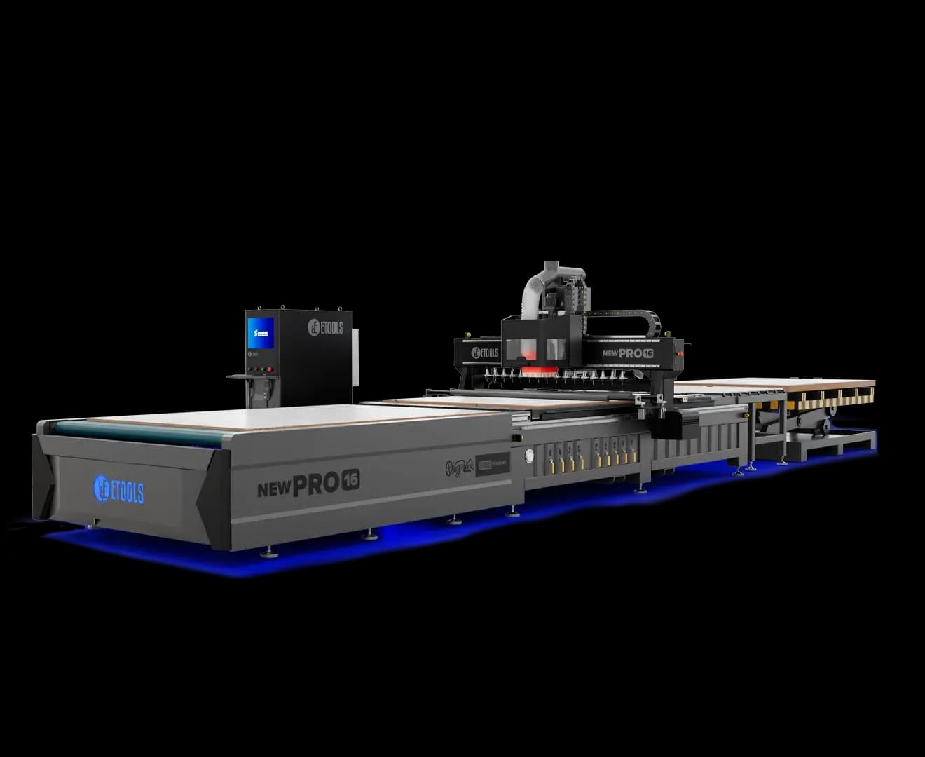 Centro de usinagem CNC New Pro 16 com magazine de 16 ferramentas no pórtico, mesa de vácuo em 9 setores e cortina de luz, com lift carregador, esteira de descarga e etiquetadora no pórtico