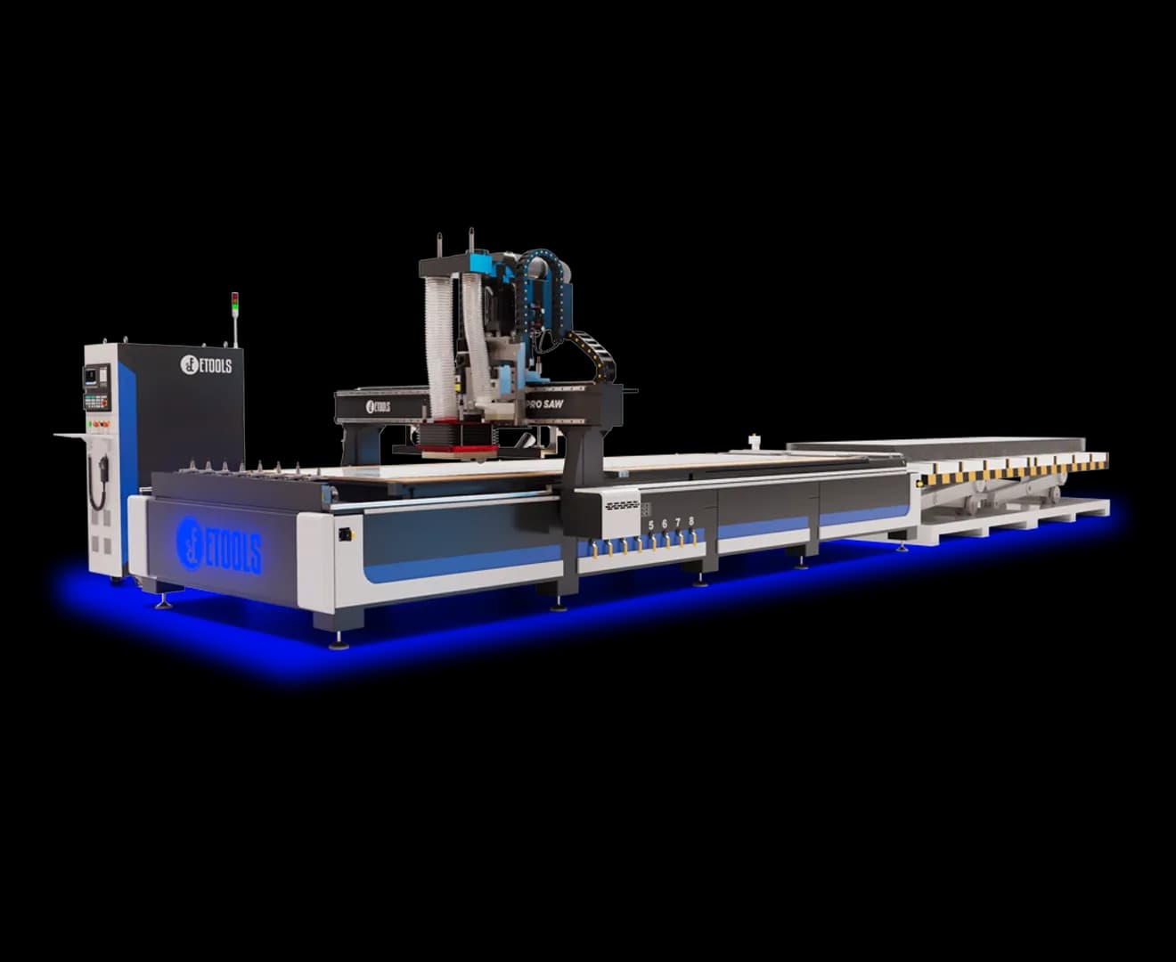 Centro de usinagem Pro SAW S com lift carregador de chapas na ponta da mesa de 1600 x 5100 mm, dois spindles e magazine linear de 8 ferramentas
