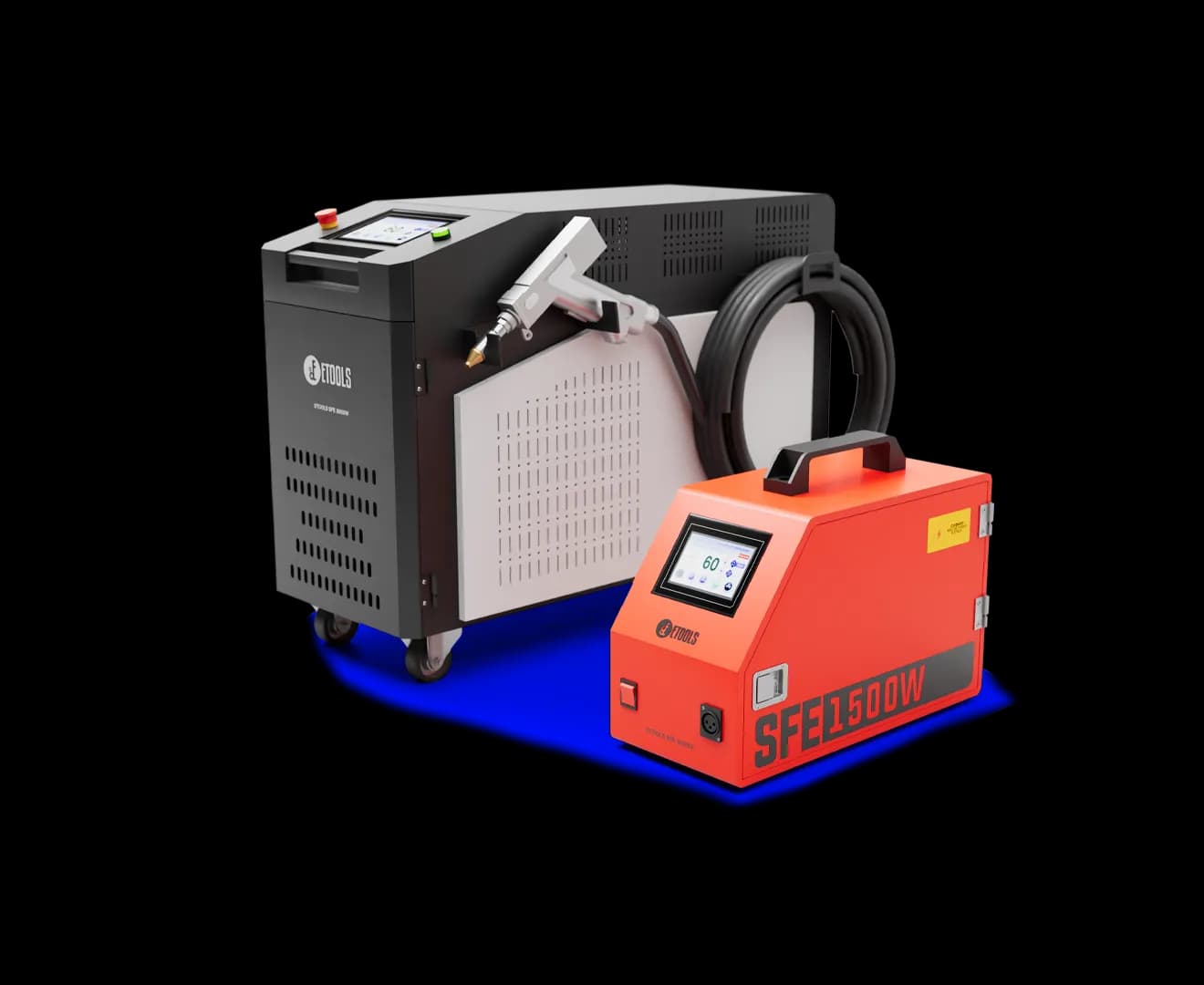 Máquina de solda a laser portátil SFE 1500W: fonte Raycus de 1500 W sobre rodízios, cabeça Sup23T e alimentador de arame com tela touch