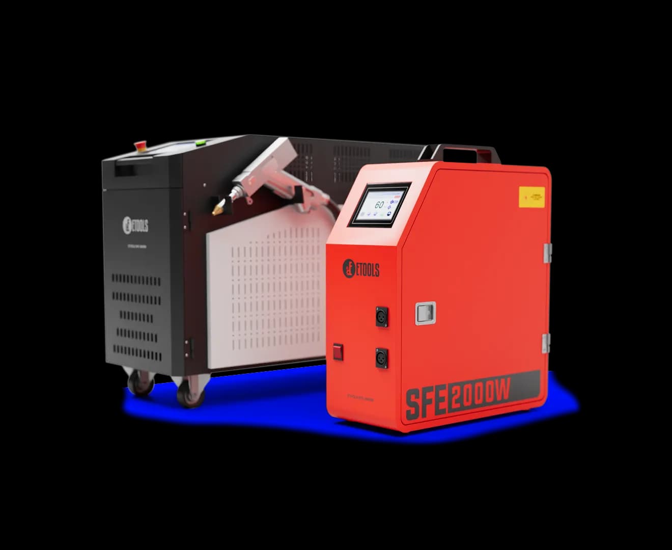 Máquina de solda a laser portátil SFE 2000W: fonte Raycus de 2000 W sobre rodízios, cabeça Sup23T e alimentador de arame duplo com tela touch