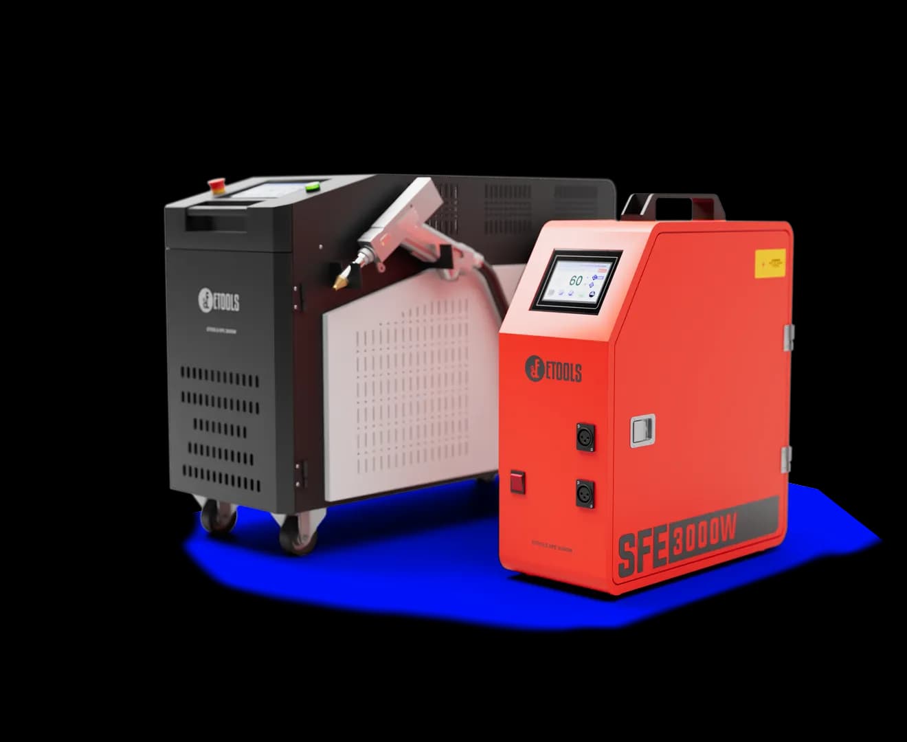 Máquina de solda a laser portátil SFE 3000W: fonte Raycus de 3000 W sobre rodízios, cabeça Sup23T e alimentador de arame duplo com tela touch