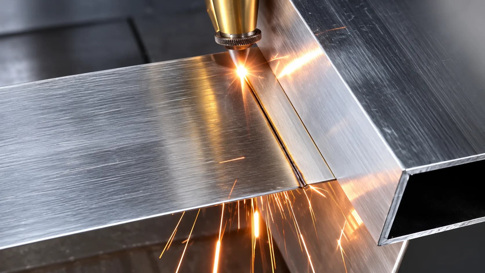 Bico da cabeça de solda a laser sobre a chapa de inox, com o ponto de luz forte na junta e faíscas caindo por baixo da peça
