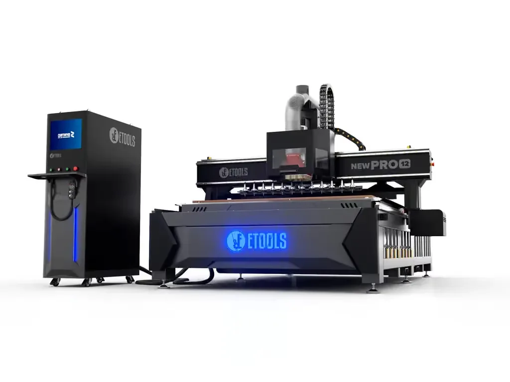 Router CNC New Pro 12 da Etools vista de lado, com o pórtico sobre a mesa de vácuo, o magazine de ferramentas montado junto do spindle e o painel de comando em pedestal à esquerda