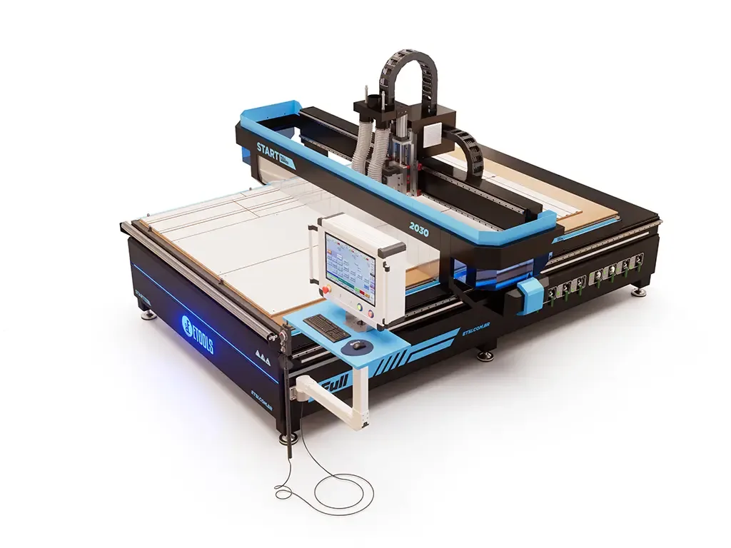 Router CNC Start Full 2030 com a chapa inteira de MDF apoiada na mesa de vácuo, pronta para o corte